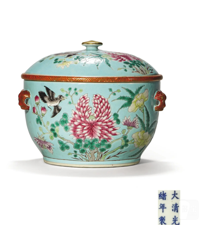 清光绪 松石绿地粉彩花鸟纹温锅